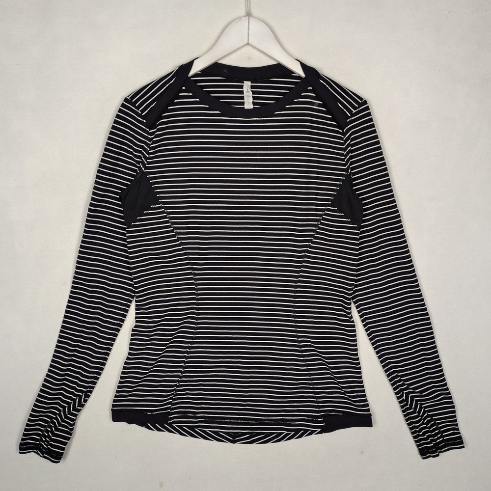 Lululemon Striped Long Sleeve Athletic Top Black White Thumbholes Mesh Panels